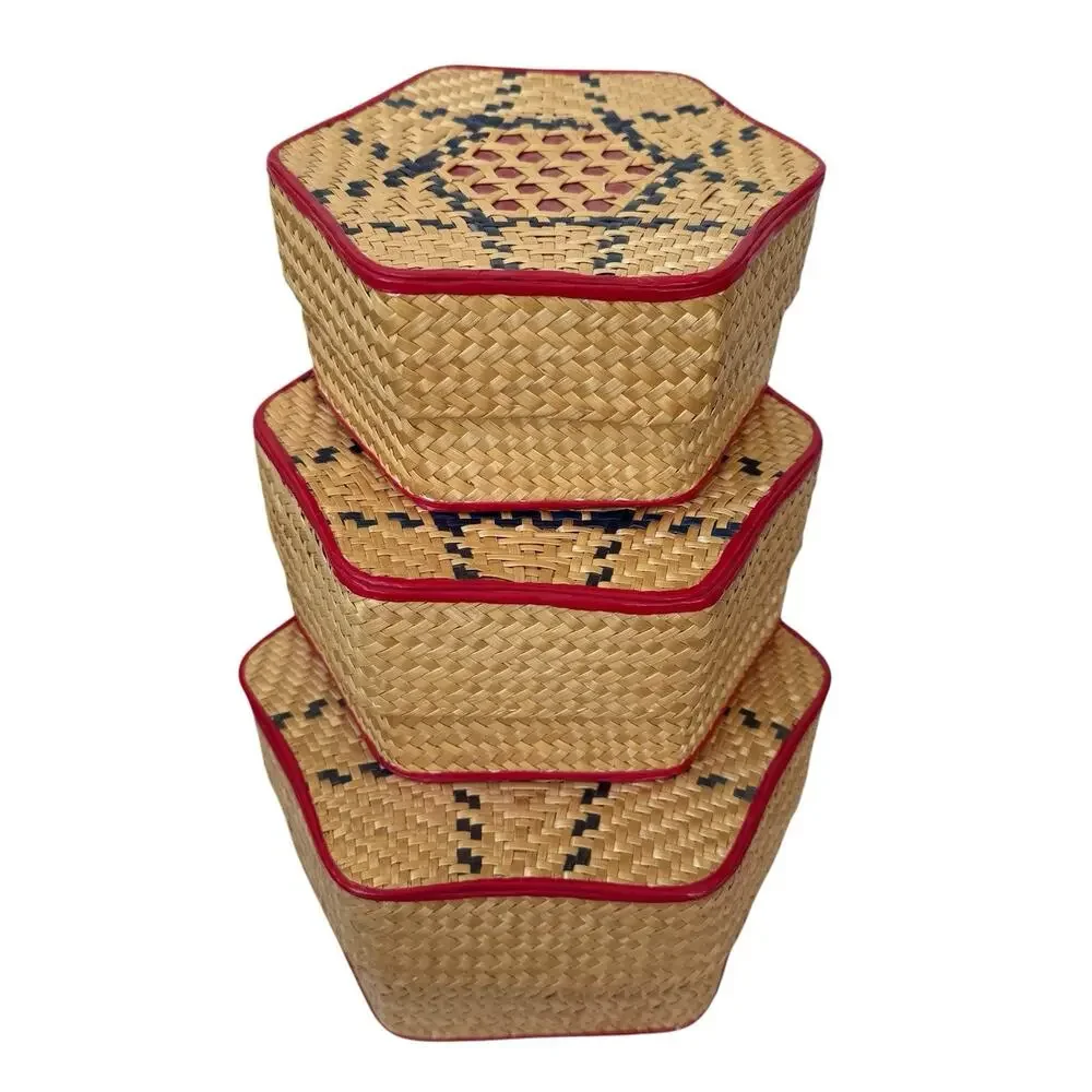 3 Piece Vintage Nesting Baskets With Lids Woven Sewing Storage Sweetgrass